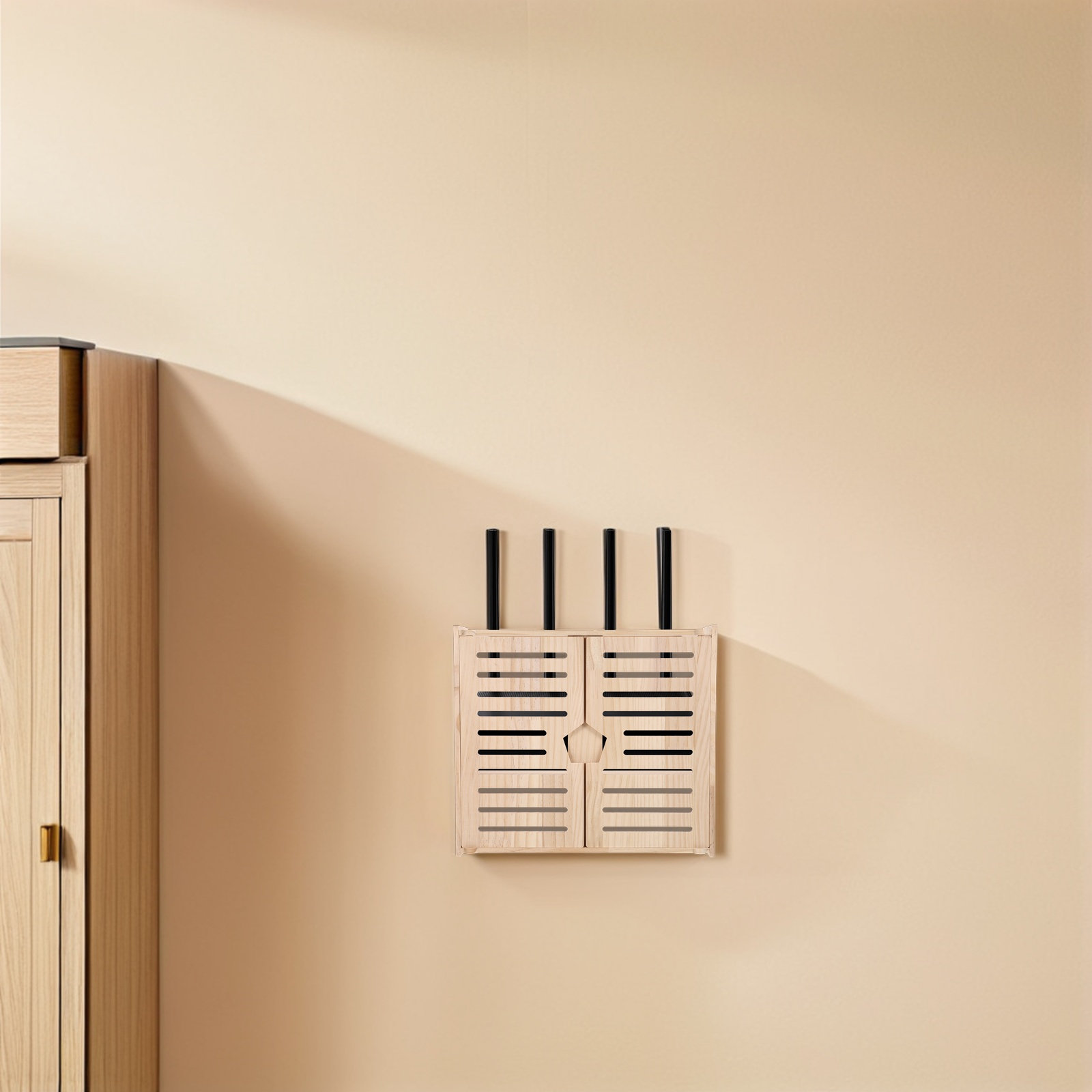Food Storage Management - Holz-Router-Organizer-Box, 2-lagiger, wandmontierter WiFi-Router-Aufbewahrungsschrank, Kabelmanagement, Steckdosenleistenhalter,