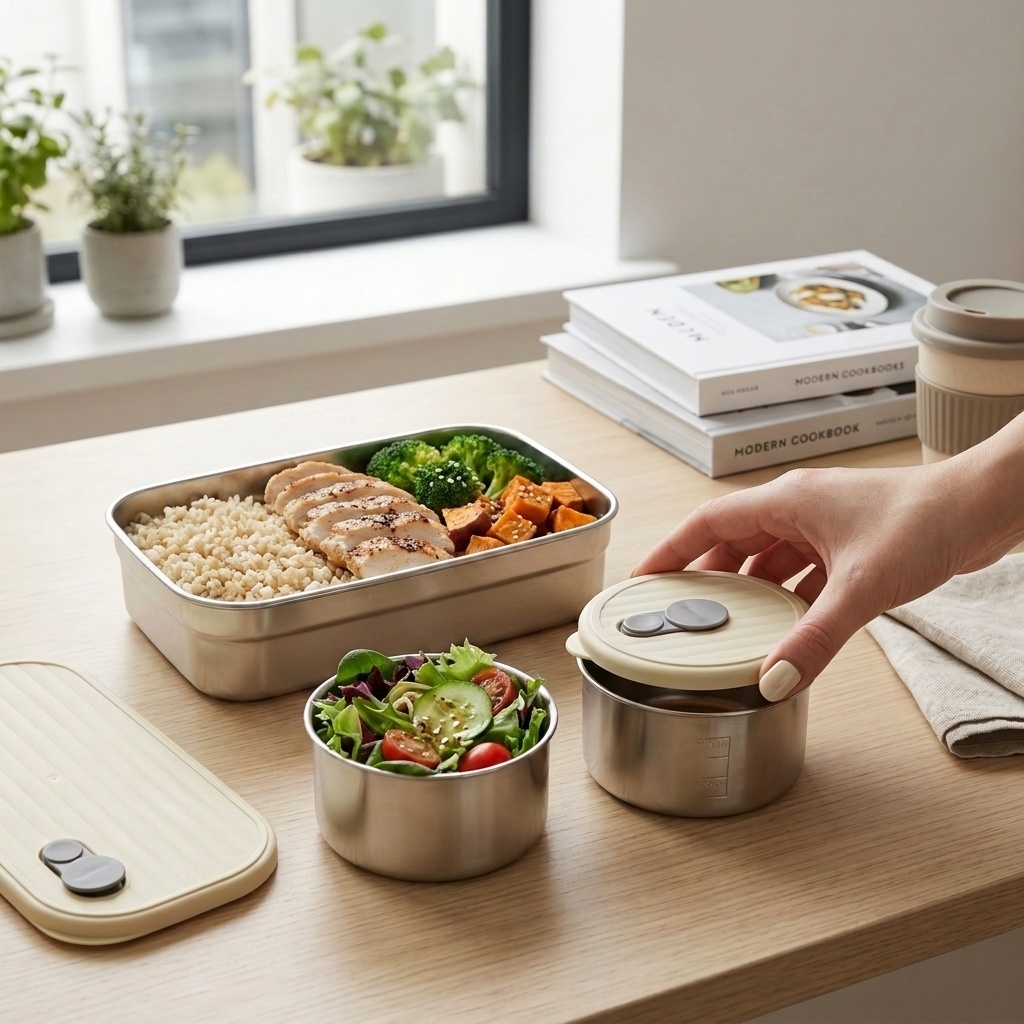 Food Storage Design - Mikrowellengeeignetes 304 Edelstahl-Bento-Box-Set mit 3 Fächern,